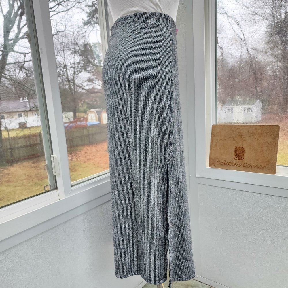 Old Navy High-Waisted Rib-Knit Silver Glittering Shine Maxi Side Slit Skirt - Picture 6 of 12